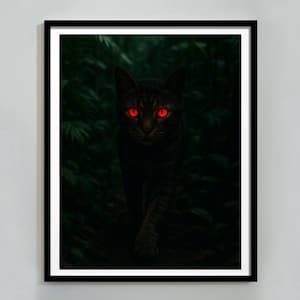 Black Cat Digital Art Print, Spooky Halloween Wall Print, Glowing Red Eyes in Haunted Forest, Instant Download, Home Decor