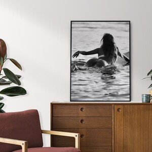 Woman on Surfboard Print, Vintage Surf Poster, Surfing Wall Art, Black and White, Vintage Photography, Girls Room Decor, Digital Download