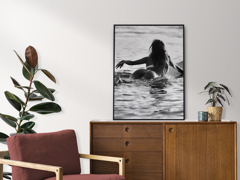Woman on Surfboard Print, Vintage Surf Poster, Surfing Wall Art, Black and White, Vintage Photography, Girls Room Decor, Digital Download