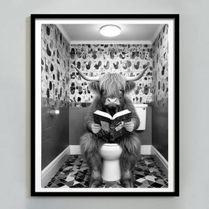 Funny Highland Cow Wall Art, Animal Bathroom Wall Art Photo Print, Cow on Toilet, Funny Restroom Decor, Printable AI Art, Digital Download