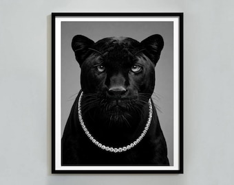 Panther in the Diamond Tennis Necklace AI Print, Black and White Wall Art, Vintage Photography, Fashion  Jewelry Decor, Digital Download