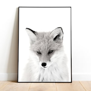 Cute Fox Print, Black and White, Fox Poster, Safari Nursery Decor, Woodland Wall Art, Animal Photography, Digital Download, Printable Art