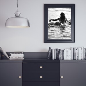 Woman on Surfboard Print, Vintage Surf Poster, Surfing Wall Art, Black and White, Vintage Photography, Girls Room Decor, Digital Download