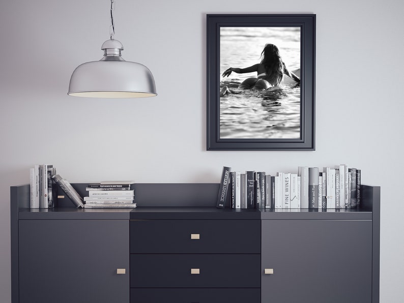 Woman on Surfboard Print, Vintage Surf Poster, Surfing Wall Art, Black and White, Vintage Photography, Girls Room Decor, Digital Download