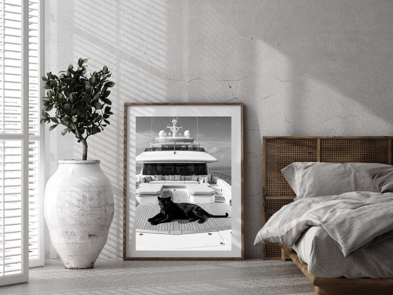 Vintage Panther Yacht Print, Animal Painting AI Print, Nautical Wall Art, Summer Printable, Luxury Yacht  Seascape Summer, Digital Download
