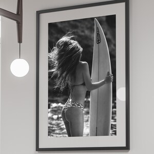 Woman Surfing Print, Black and White, Vintage Surf Poster, Beach Photography, Surfboard Wall Art, Y2k Hypebeast Room Decor, Digital Download