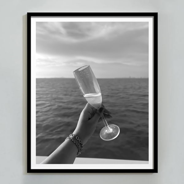 Woman Drinking Wine in Beach Poster, Bar Cart Print, Black and White, Feminist Poster, Cocktail Wall Art Alcohol Print, Teen Girl Room Decor