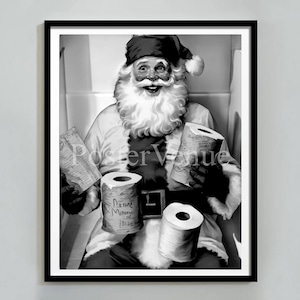 Weihnachtsmann auf Toilette Druck, lustiges Weihnachtstoilettendekor, Feiertags-Badezimmerdruck, Weinlese-Weihnachtsdrucke, humorvolle Toilettenkunst, Weihnachtsmann-Weihnachtskunst