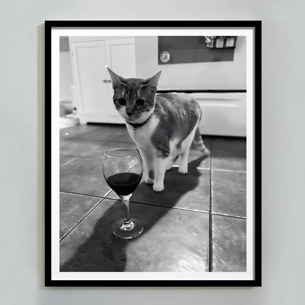 Funny Cat Print, Wine Poster, Black and White Vintage Photography Alcohol Wall Art, Bar Cart Decor, Kids Bedroom Wall Art, Digital Download
