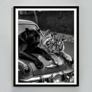 Panther and Tiger on Retro Car Poster, Vintage Wall Art, Luxury Fashion Poster, Vintage Tiger and Panther, Black and White, Digital Download