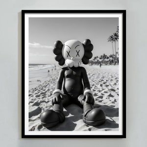 Czarno-biała sztuka generowana przez AI, stylowa postać relaksująca się na plaży, modna estetyczna dekoracja ścienna, nowoczesny plakat do druku, pobieranie cyfrowe