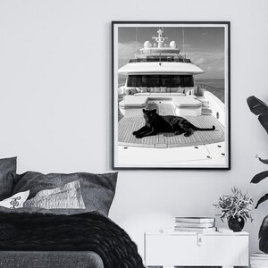 Vintage Panther Yacht Print, Animal Painting AI Print, Nautical Wall Art, Summer Printable, Luxury Yacht  Seascape Summer, Digital Download