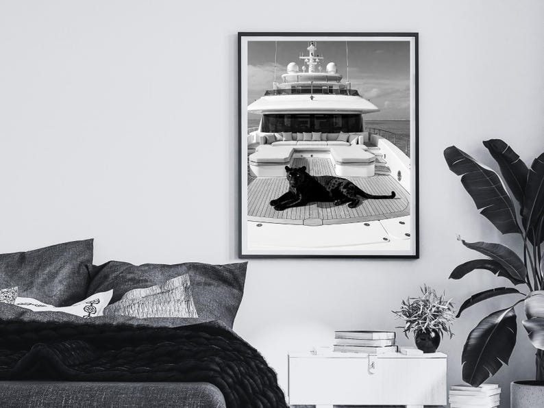 Vintage Panther Yacht Print, Animal Painting AI Print, Nautical Wall Art, Summer Printable, Luxury Yacht  Seascape Summer, Digital Download