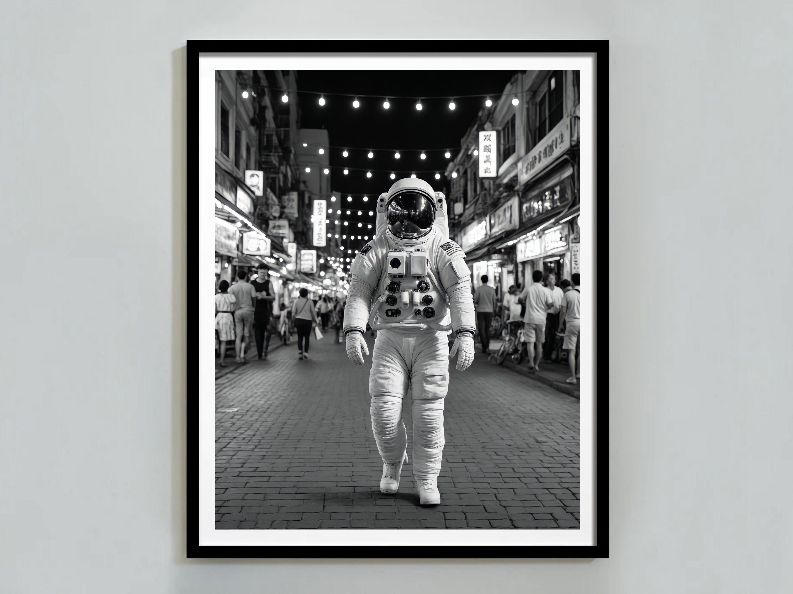 Astronaut in the City Poster, Black and White, Street Photography, Luxury Fashion Art, Astronaut Print,  Wall Decor, Digital Download