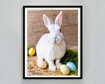 Rabbit Bunny Portrait Print, Easter Farmhouse Decor, Bunny Painting, Muted Spring Rabbit Painting, Printable Wall Art Digital Download