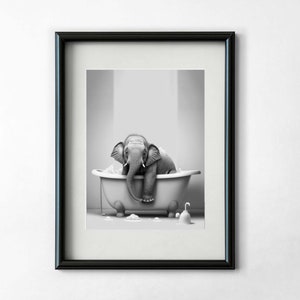 Elephant in Bath Tub Print, Bathroom Wall Art, Kids Bathroom Decor, Elephant Art, Bathroom Poster, Baby Elephant Wall Art, Digital Download