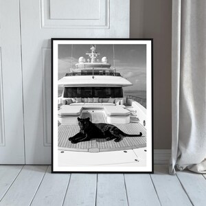 Vintage Panther Yacht Print, Animal Painting AI Print, Nautical Wall Art, Summer Printable, Luxury Yacht  Seascape Summer, Digital Download