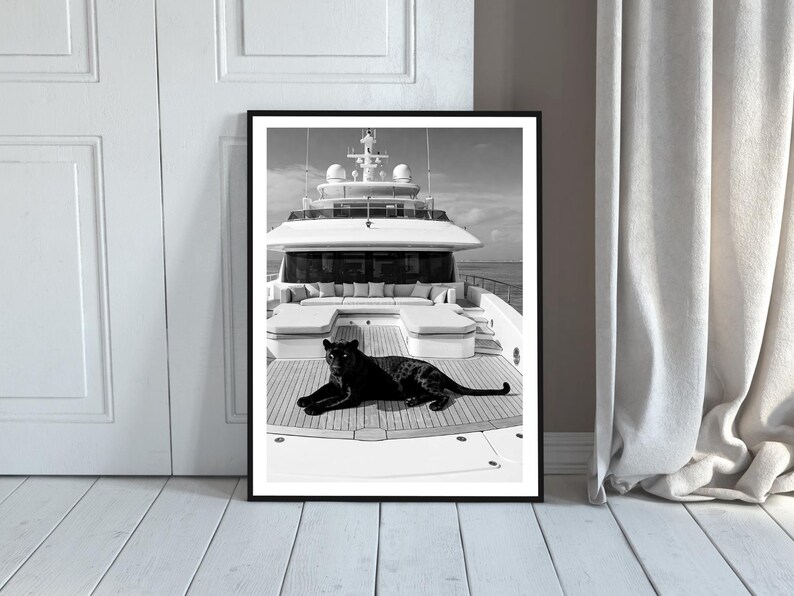 Vintage Panther Yacht Print, Animal Painting AI Print, Nautical Wall Art, Summer Printable, Luxury Yacht  Seascape Summer, Digital Download