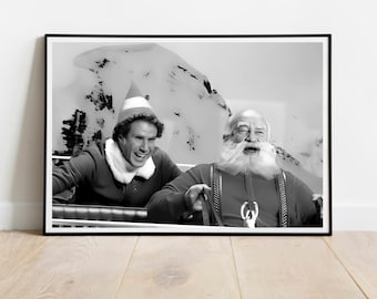 Affiche du père Noël elfe, noir et blanc, art mural tendance Noël drôle, impression vintage, décoration de Noël imprimable le copain elfe, téléchargement numérique