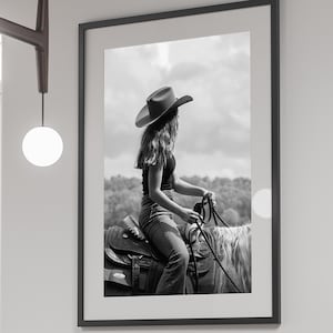Cowgirl on Horse Print, Black and White, Vintage Photography, Wild West Western Cowgirl Poster, Wall Art, Hypebeast Decor, Digital Download