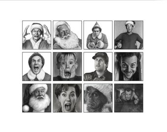 Op de afbeelding: Een zwart-wit print met een raster van twaalf portretten van personages met expressieve gezichten. De portretten omvatten de kerstman, een elf en andere figuren met verraste of opgewonden uitdrukkingen. Het kunstwerk is een verzameling iconische vakantiefilmkarakters.