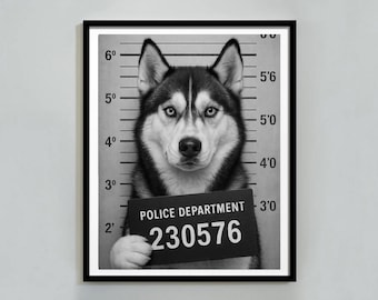 Funny Dog Mugshot Poster, Husky, Black and White, Funny Pet Arrest Print, Printable Dog Decor for Pet Lovers, Instant Digital Download