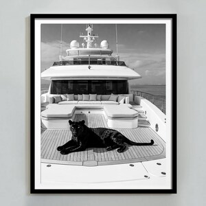 Vintage Panther Yacht Print, Animal Painting AI Print, Nautical Wall Art, Summer Printable, Luxury Yacht  Seascape Summer, Digital Download
