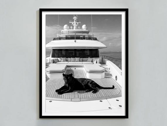 Vintage Panther Yacht Print, Animal Painting AI Print, Nautical Wall Art, Summer Printable, Luxury Yacht  Seascape Summer, Digital Download