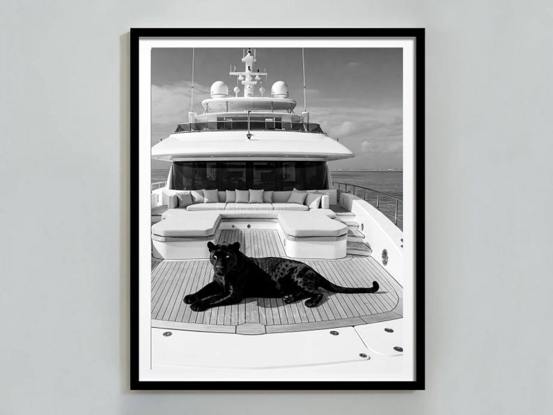 Vintage Panther Yacht Print, Animal Painting AI Print, Nautical Wall Art, Summer Printable, Luxury Yacht  Seascape Summer, Digital Download