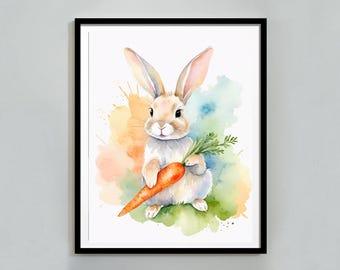 Impresión de conejito de Pascua, lindo conejo de Pascua, flores silvestres de primavera neutras, arte de pared de conejito con zanahoria, decoración imprimible de Pascua, descarga digital