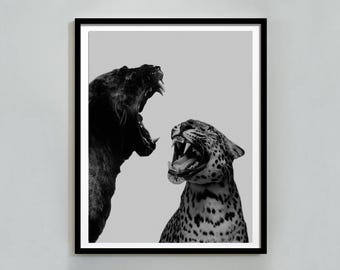 Leopard- och jaguarvrål, gepardposter, svartvitt, vintagefotografi, trendig väggkonst, maximalistisk rumsdekor, digital nedladdning