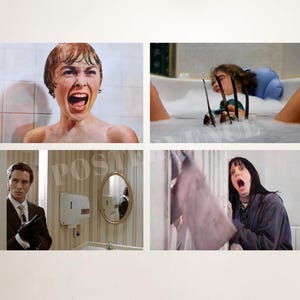 Set di poster artistici per il bagno con film, stampe horror di Halloween, set di poster per il bagno con film, decorazioni da parete horror stampabili, set di quattro divertenti idee regalo con film.