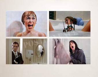 Pósteres de películas para el baño, impresiones de terror de Halloween, paquete de películas para el baño, decoración de pared de terror imprimible, juego de cuatro divertidos regalos de películas.