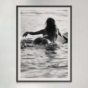 Woman on Surfboard Print, Vintage Surf Poster, Surfing Wall Art, Black and White, Vintage Photography, Girls Room Decor, Digital Download