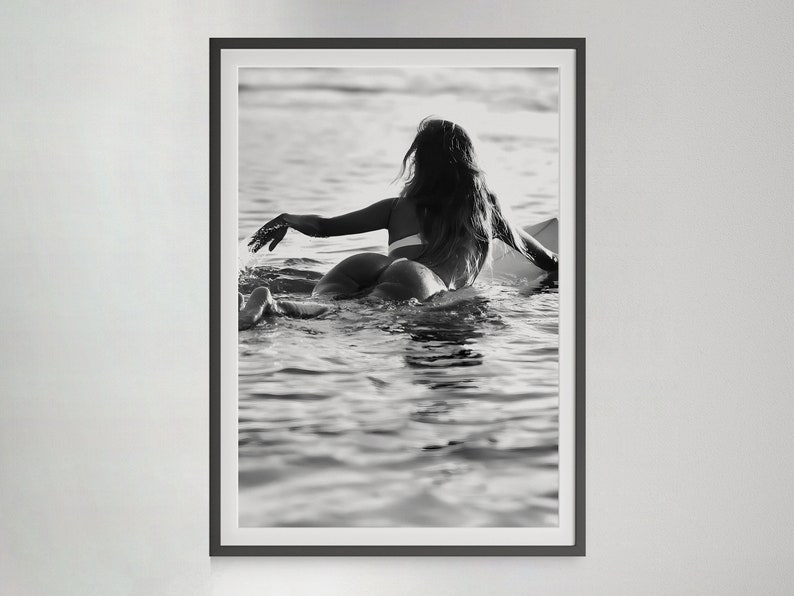 Woman on Surfboard Print, Vintage Surf Poster, Surfing Wall Art, Black and White, Vintage Photography, Girls Room Decor, Digital Download