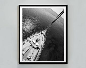 Art mural océan bateau yacht pont photographie nautique noir et blanc Téléchargement numérique côtier minimal