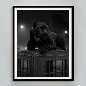 Vintage Cheetah Telephone Photography Print Poster, Black and White AI Fashion Print, 1950, Wall Art, Panther Luxury Decor, Digital Download