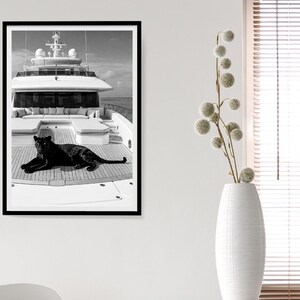 Vintage Panther Yacht Print, Animal Painting AI Print, Nautical Wall Art, Summer Printable, Luxury Yacht  Seascape Summer, Digital Download