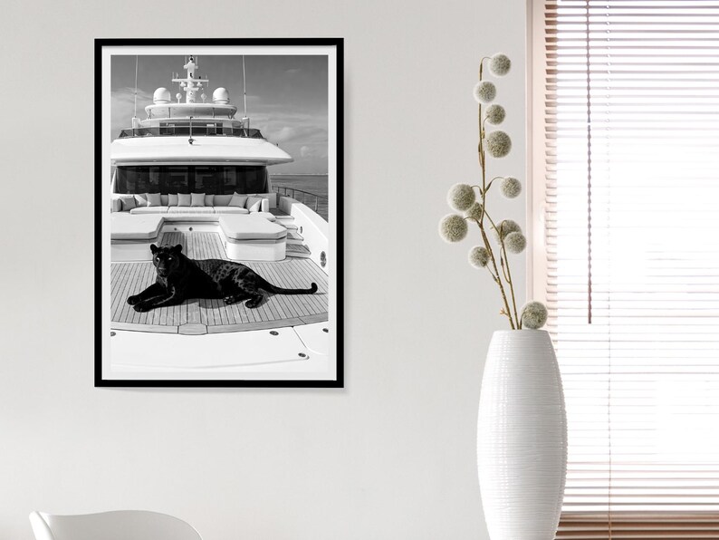 Vintage Panther Yacht Print, Animal Painting AI Print, Nautical Wall Art, Summer Printable, Luxury Yacht  Seascape Summer, Digital Download