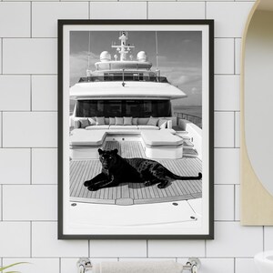 Vintage Panther Yacht Print, Animal Painting AI Print, Nautical Wall Art, Summer Printable, Luxury Yacht  Seascape Summer, Digital Download