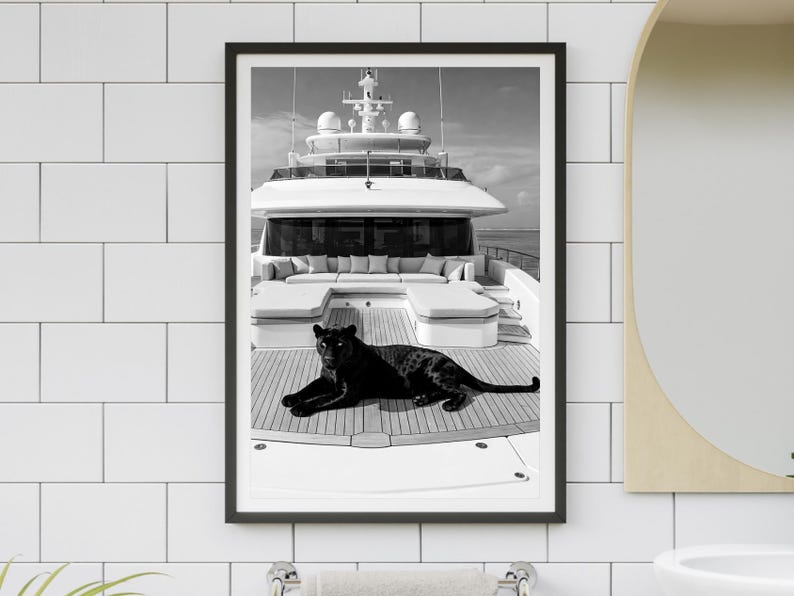 Vintage Panther Yacht Print, Animal Painting AI Print, Nautical Wall Art, Summer Printable, Luxury Yacht  Seascape Summer, Digital Download