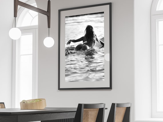 Vintage Surfing Poster: Woman on Surfboard, Black and White Photography (Digital Download)