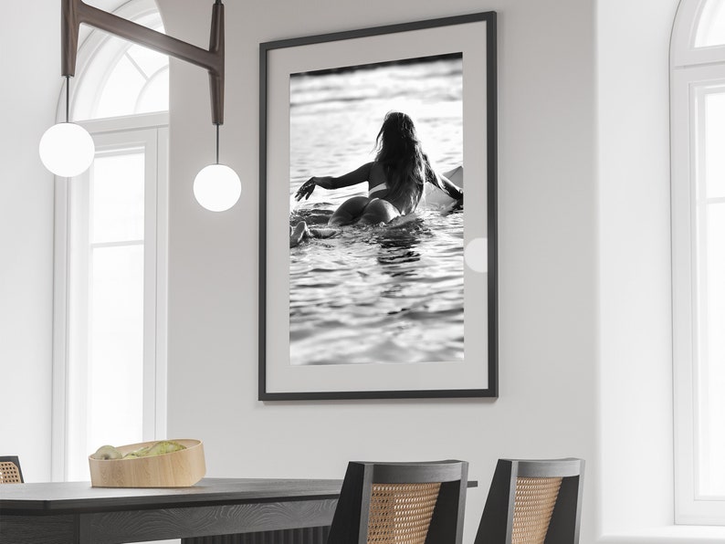 Woman on Surfboard Print, Vintage Surf Poster, Surfing Wall Art, Black and White, Vintage Photography, Girls Room Decor, Digital Download