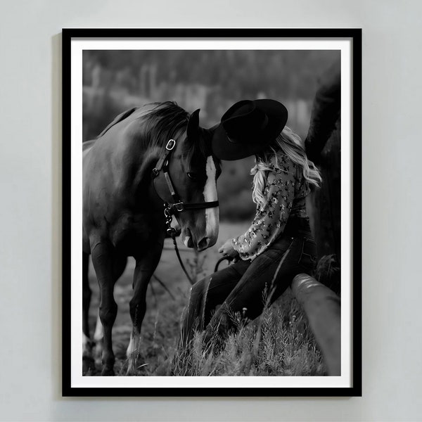 Desert Cowgirl Print, Black and White, Vintage Western Wall Art, Wild West, Horse Photography, Digital Download, Teen Girls Bedroom Decor