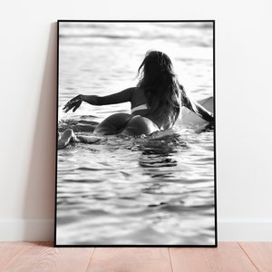 Woman on Surfboard Print, Vintage Surf Poster, Surfing Wall Art, Black and White, Vintage Photography, Girls Room Decor, Digital Download