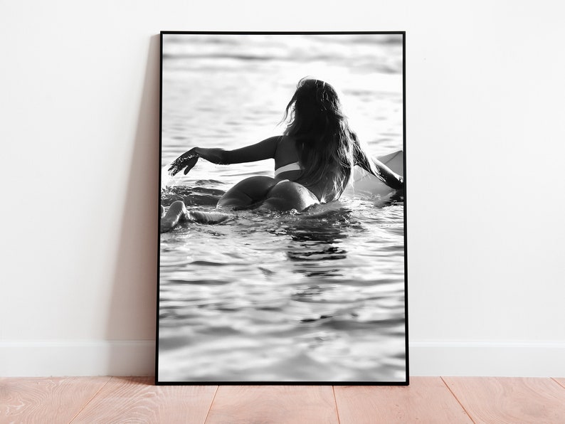 Woman on Surfboard Print, Vintage Surf Poster, Surfing Wall Art, Black and White, Vintage Photography, Girls Room Decor, Digital Download