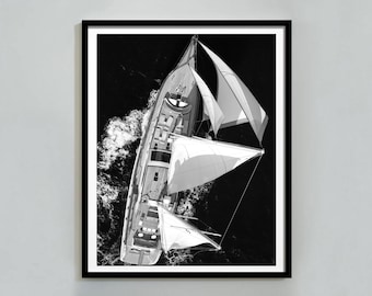Luxury Sailing Yacht Aerial Wall Art Black And White Nautical Photography Fin Print Digital Download