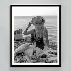 Woman Drinking Wine in Beach Print, Coastal Cowgirl Poster, Black and White Photo, Vintage Beach Wall Art, Bar Cart Decor, Digital Download