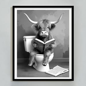 Highland Cow Sitting on the Toilet Reading a Book, Funny Bathroom Wall Decor, Funny Animal Print, Home Printables, AI Digital Download Art