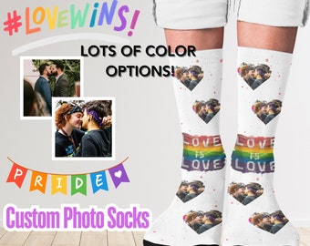Custom LGBTQ+ Pride Wedding Socks - Personalized Face Socks | Love is Love | Photo Picture Socks for Men | Bridal Party Best Man Groomsmen